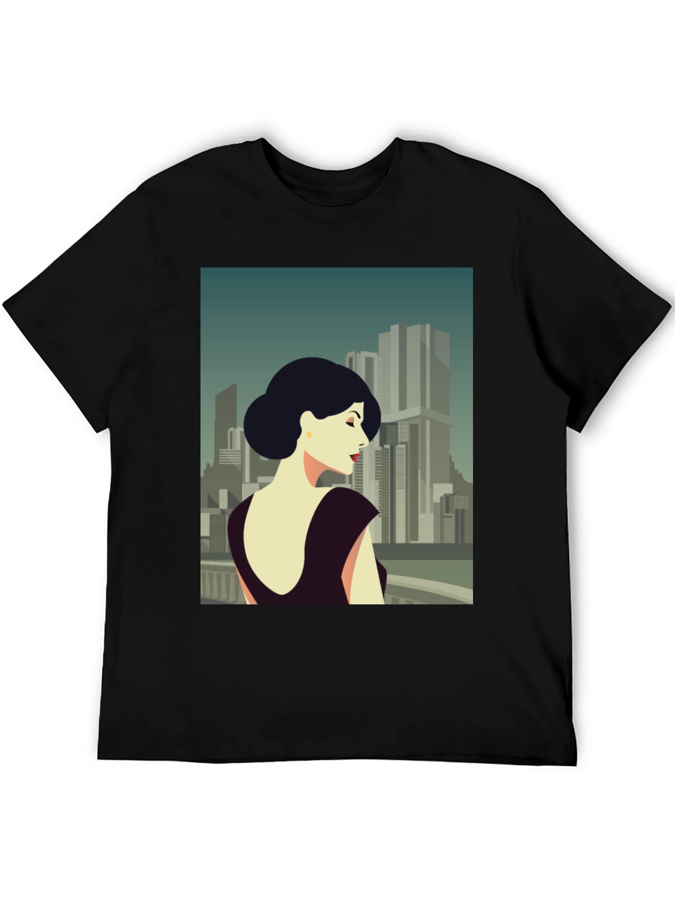 Retro Cityscape Woman Graphic Tee - Black Cotton T-Shirt