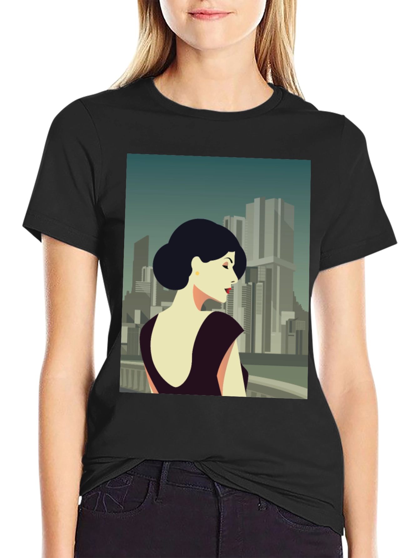 Retro Cityscape Woman Graphic Tee - Black Cotton T-Shirt