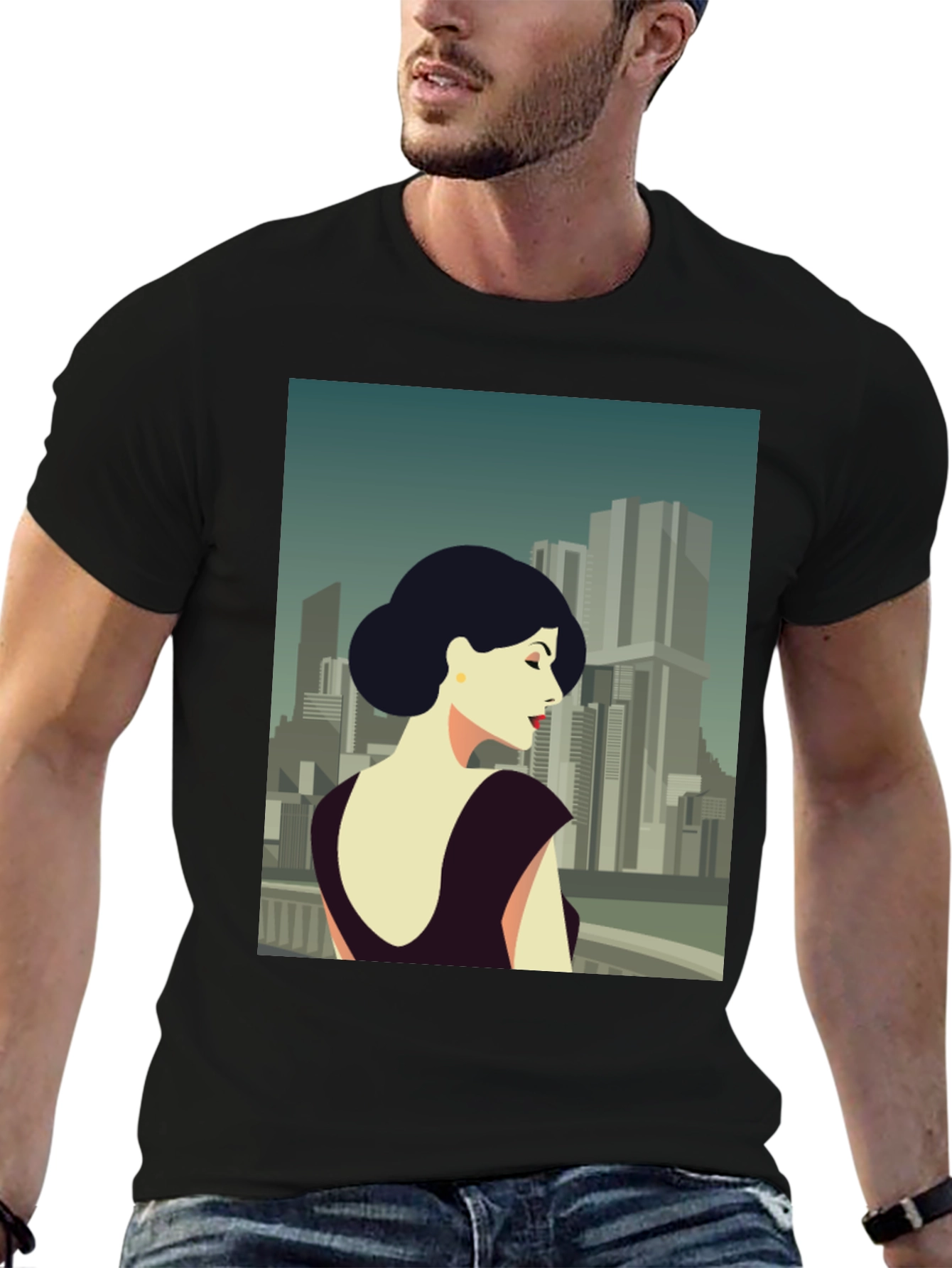 Retro Cityscape Woman Graphic Tee - Black Cotton T-Shirt