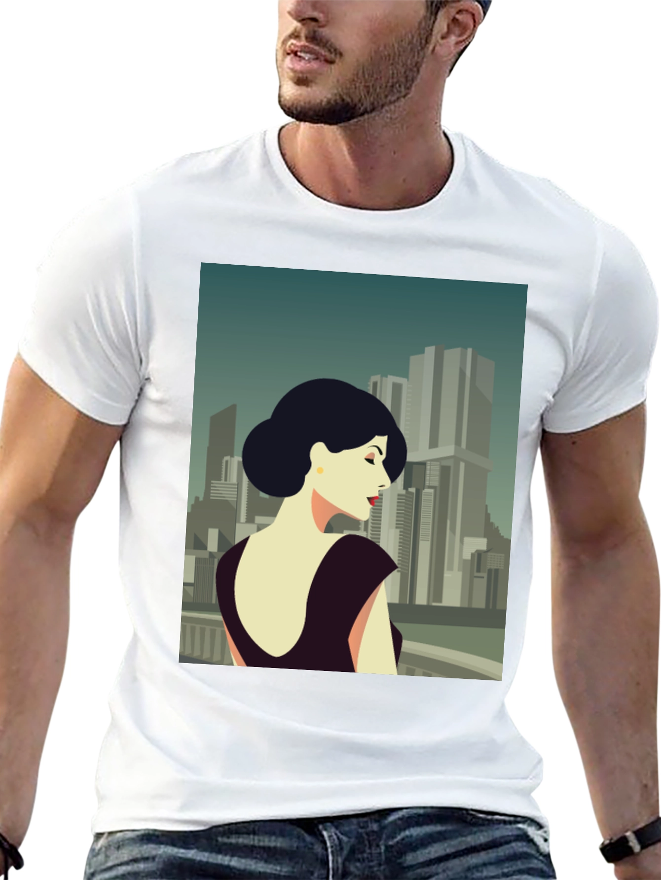 Retro Cityscape Woman Graphic Tee - Black Cotton T-Shirt