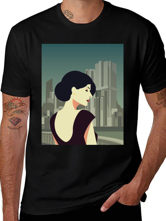 Retro Cityscape Woman Graphic Tee - Black Cotton T-Shirt