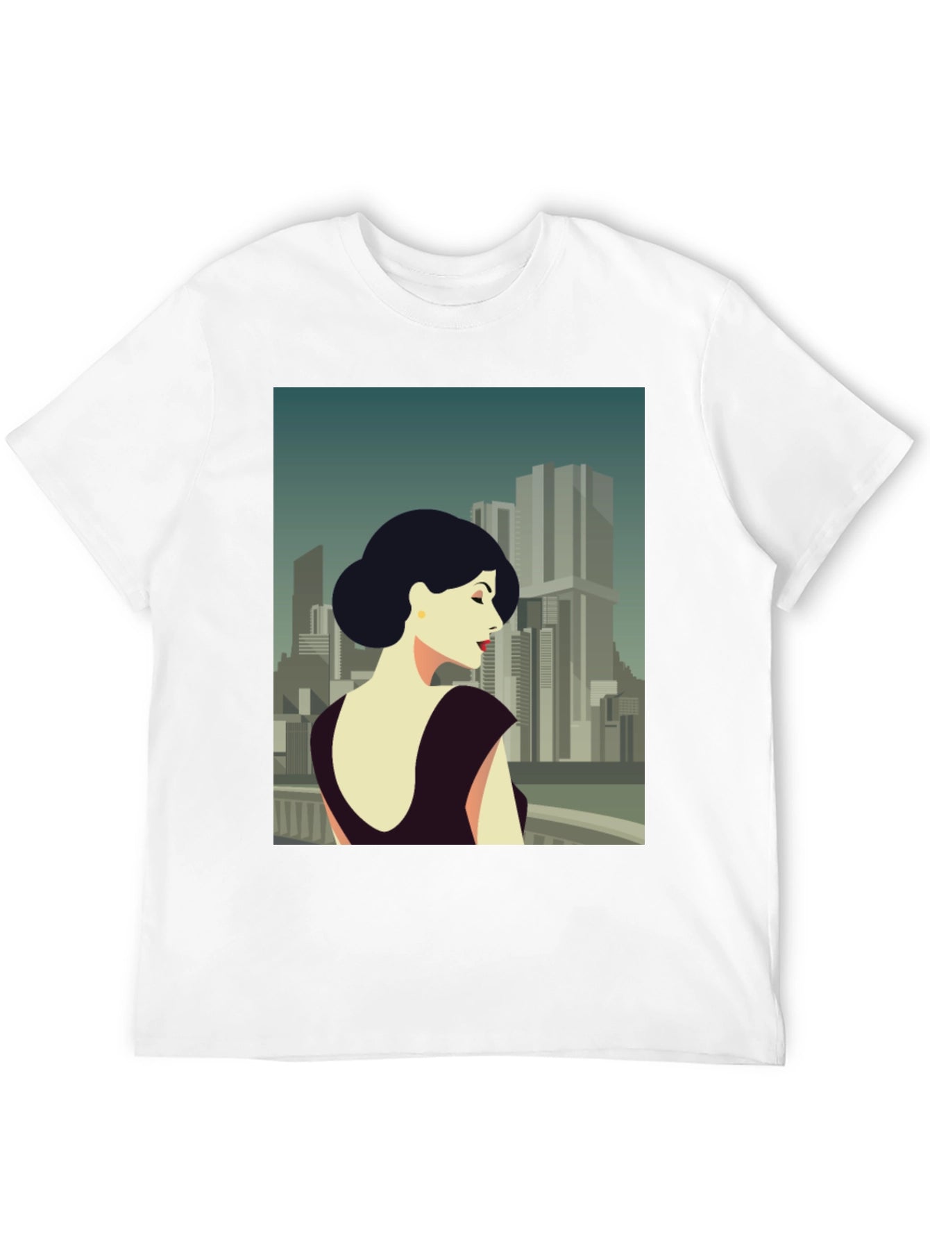 Retro Cityscape Woman Graphic Tee - Black Cotton T-Shirt