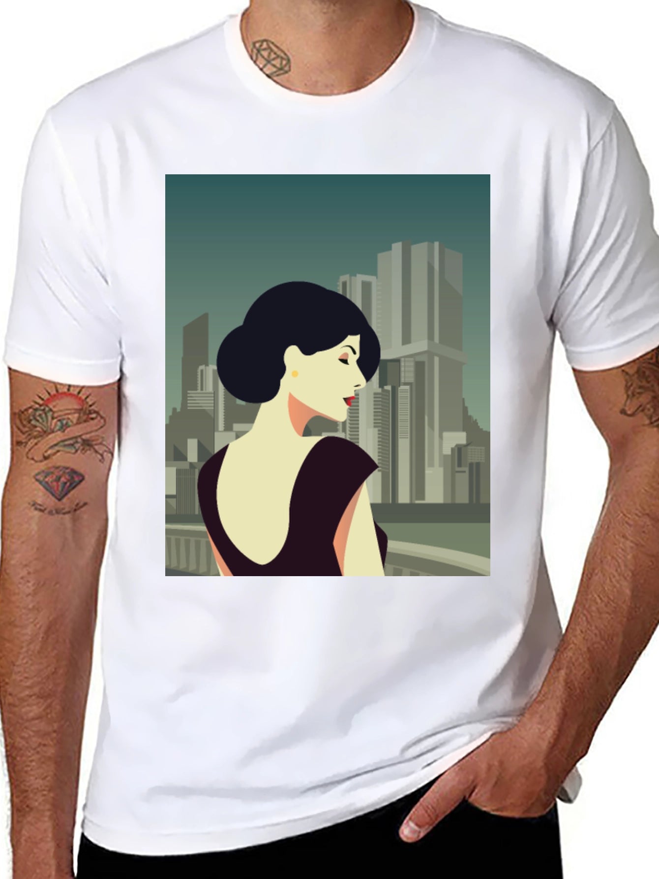 Retro Cityscape Woman Graphic Tee - Black Cotton T-Shirt