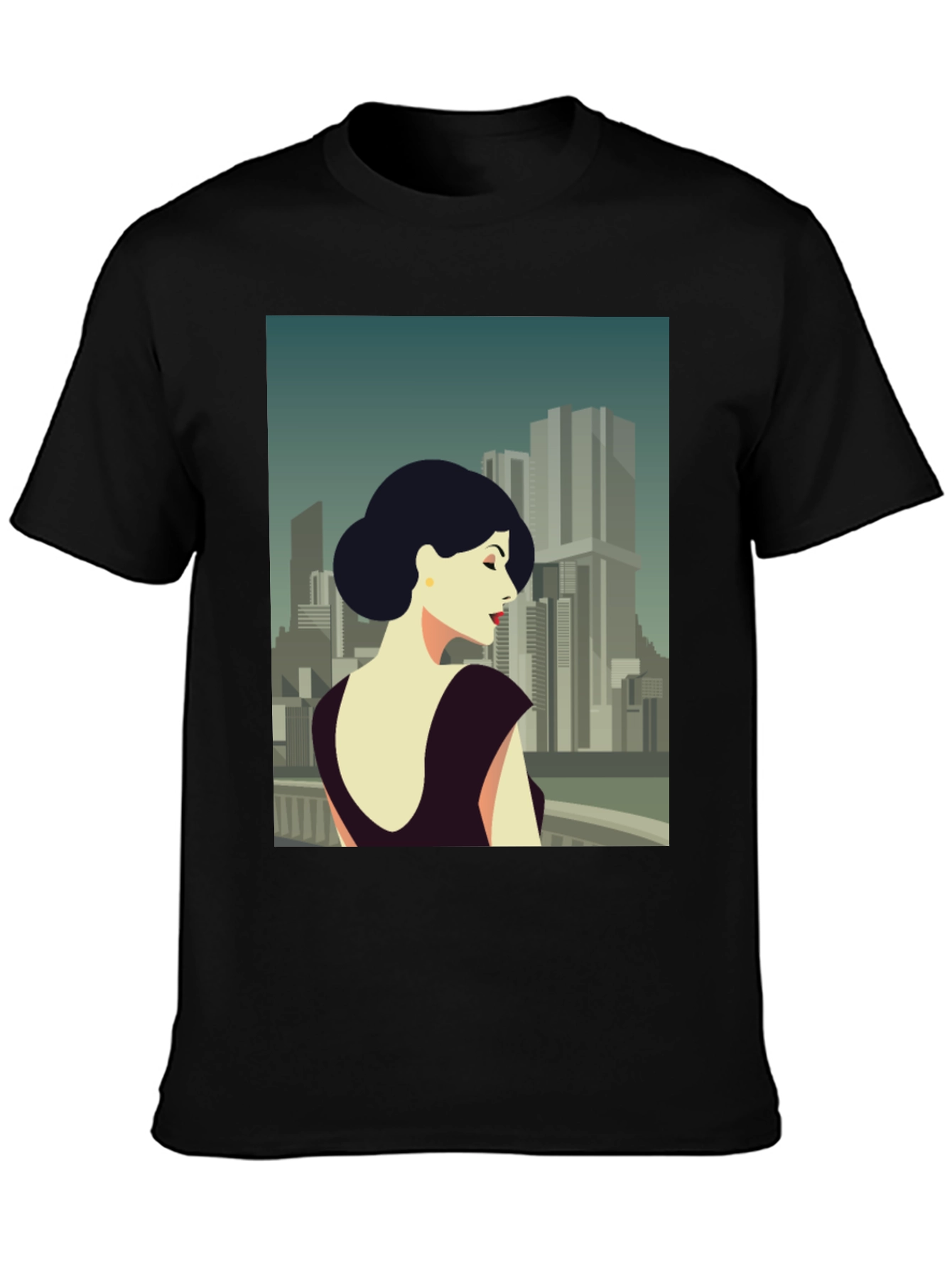 Retro Cityscape Woman Graphic Tee - Black Cotton T-Shirt