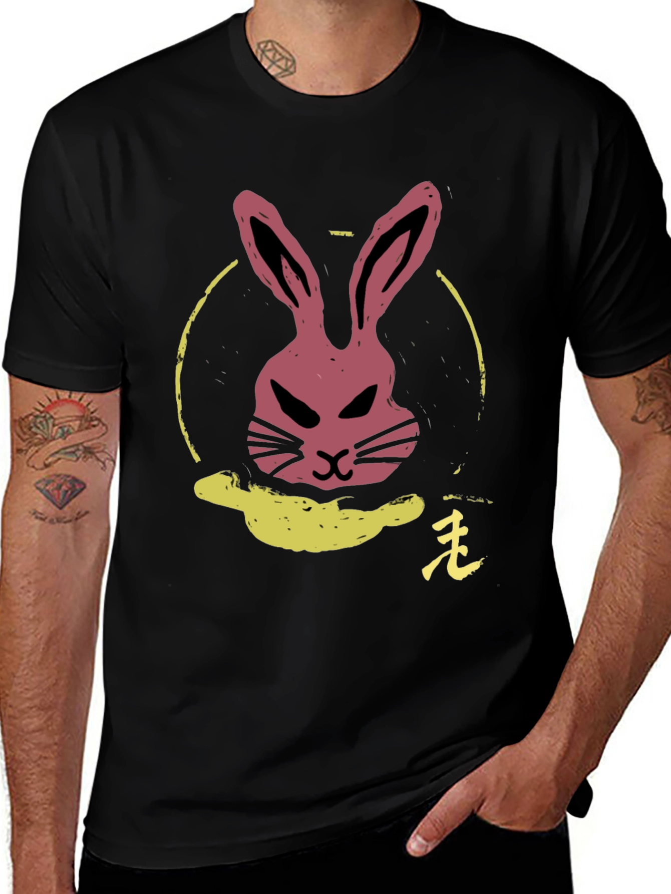 Rabbit Graphic Tee - Black Cotton Crew Neck T-Shirt