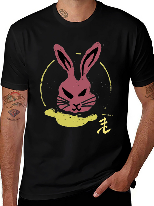 Rabbit Graphic Tee - Black Cotton Crew Neck T-Shirt