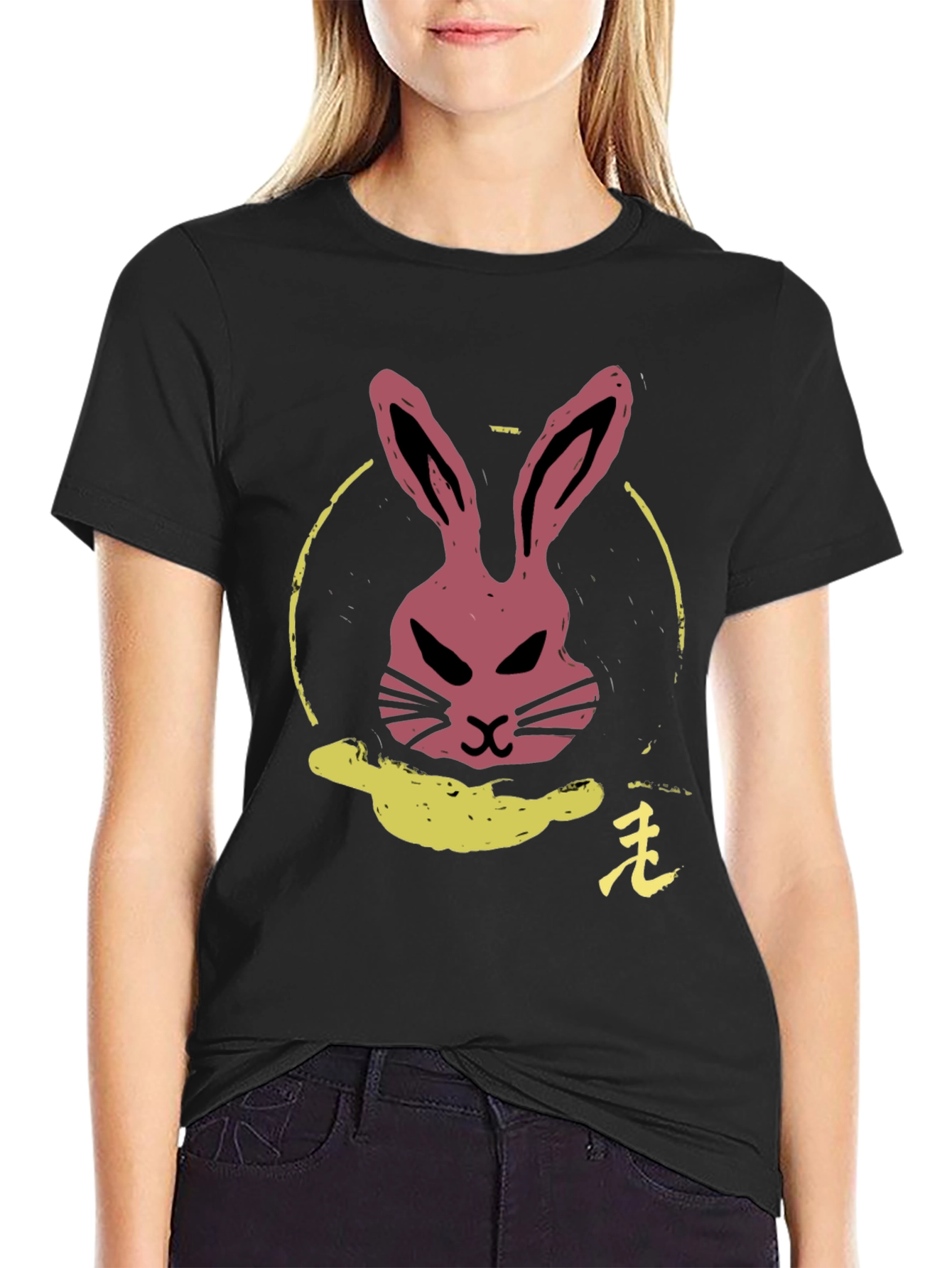 Rabbit Graphic Tee - Black Cotton Crew Neck T-Shirt