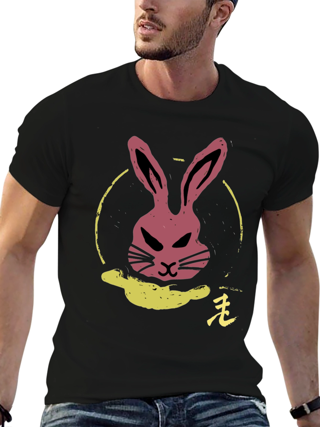 Rabbit Graphic Tee - Black Cotton Crew Neck T-Shirt
