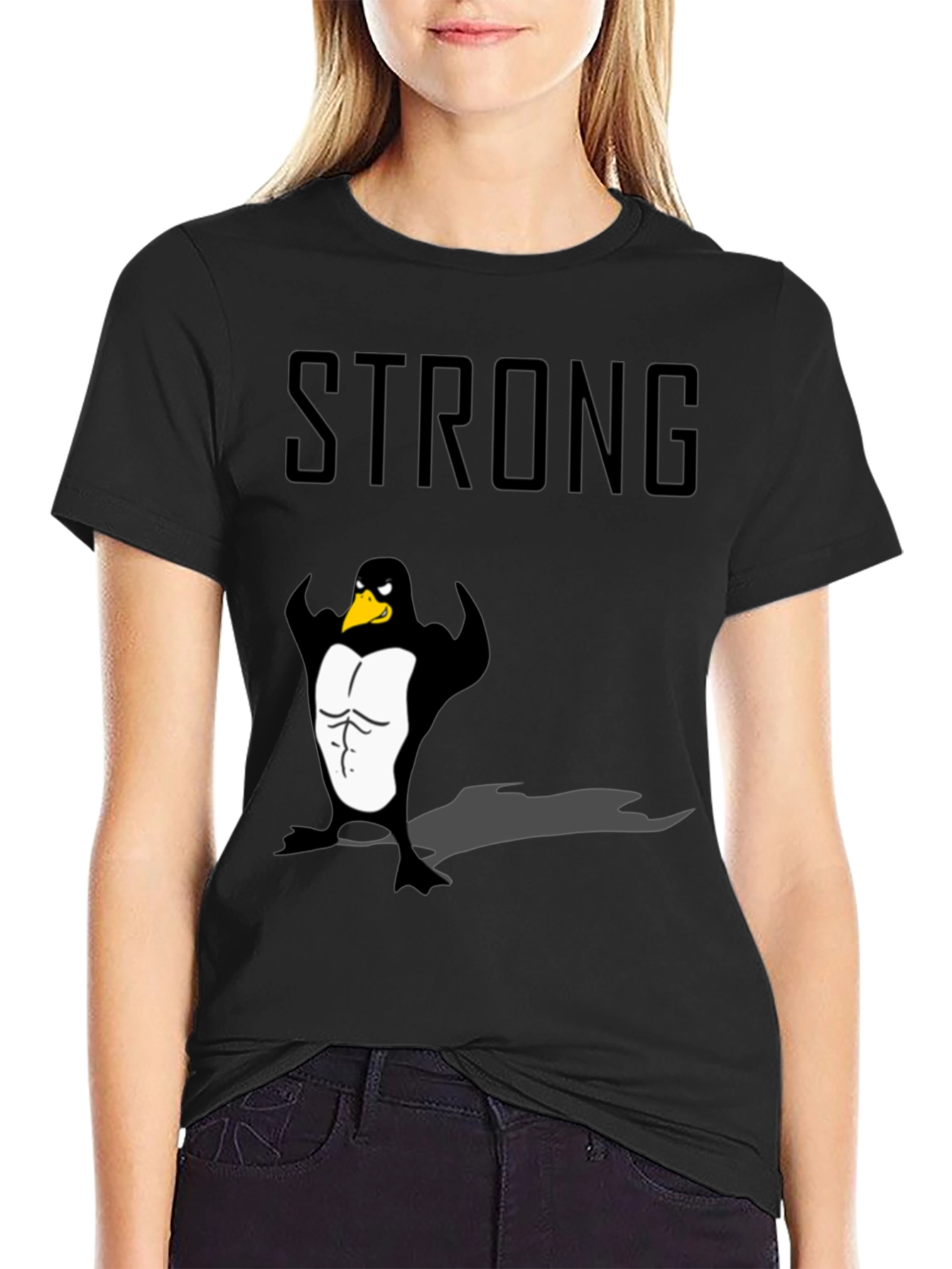 Strong Penguin Graphic Tee - Black Cotton T-Shirt