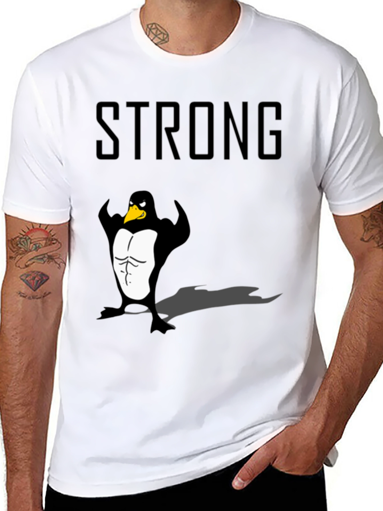 Strong Penguin Graphic Tee - Black Cotton T-Shirt