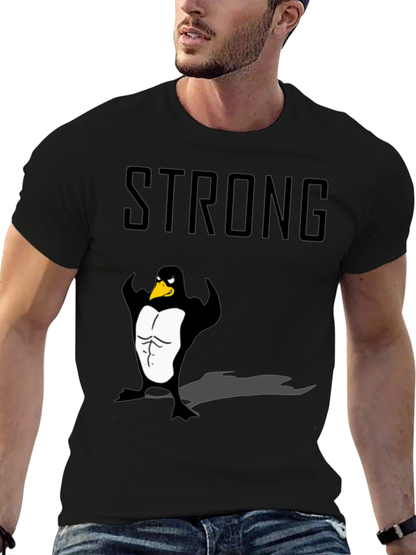 Strong Penguin Graphic Tee - Black Cotton T-Shirt
