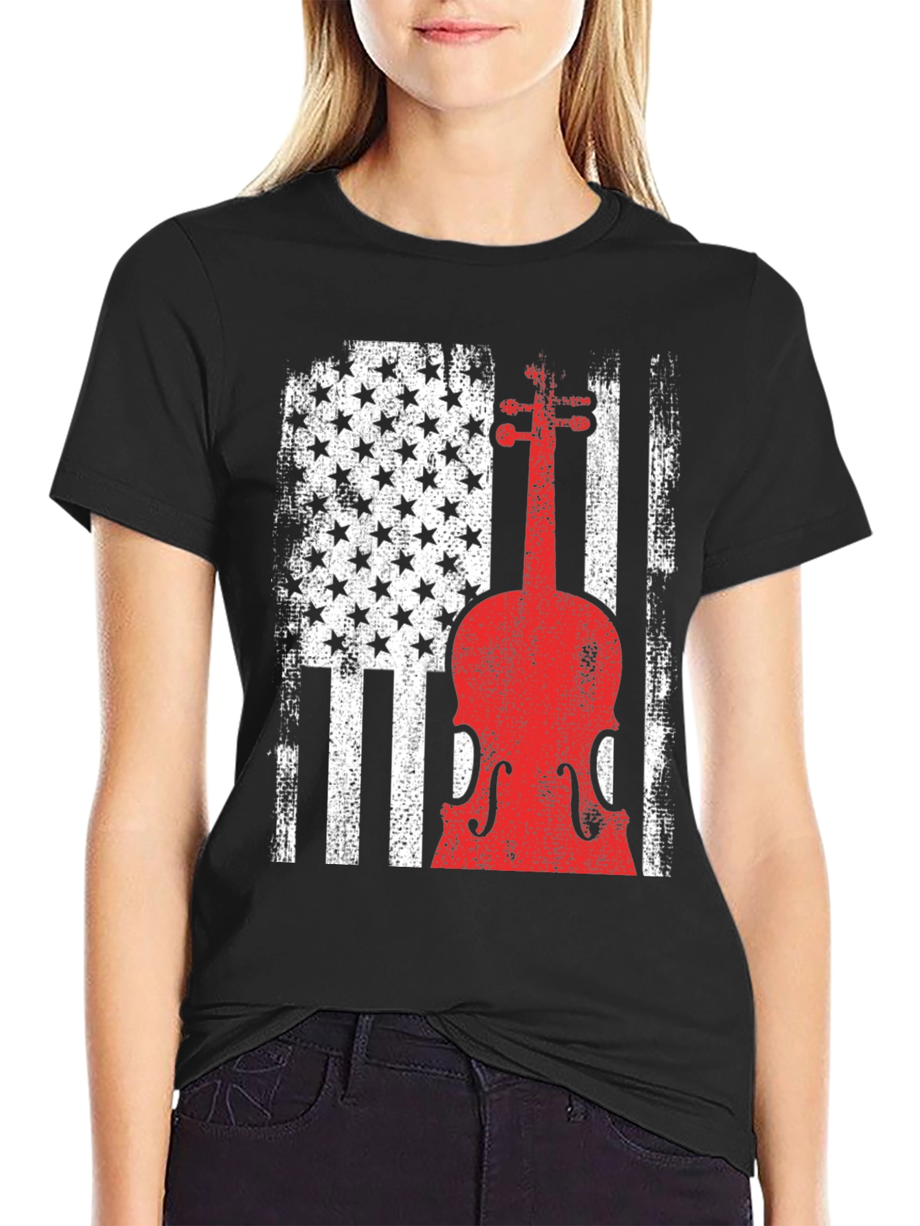 American Flag Violin Graphic T-Shirt