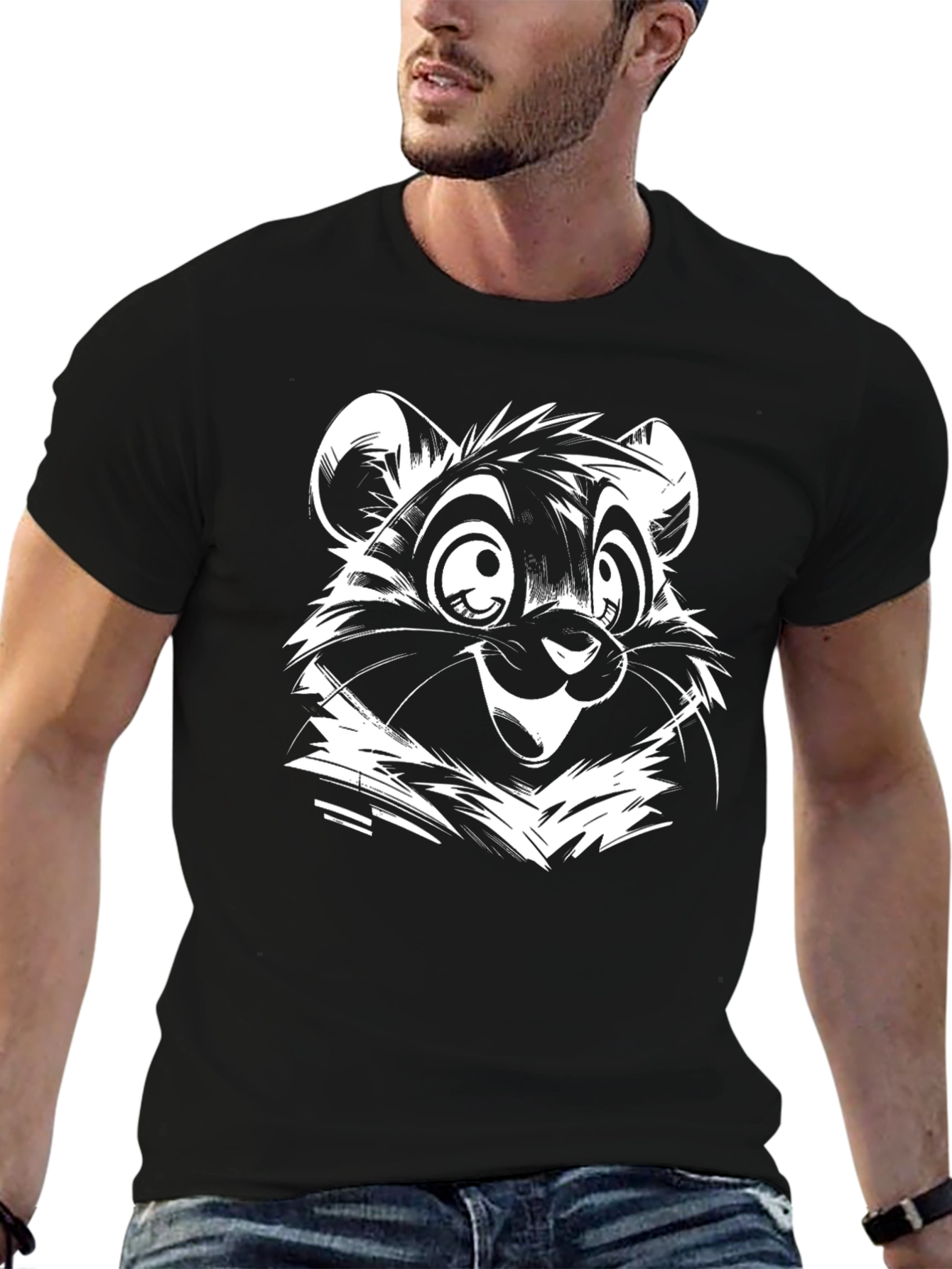 Cartoon Bear Graphic Tee - Black Cotton Casual Shirt