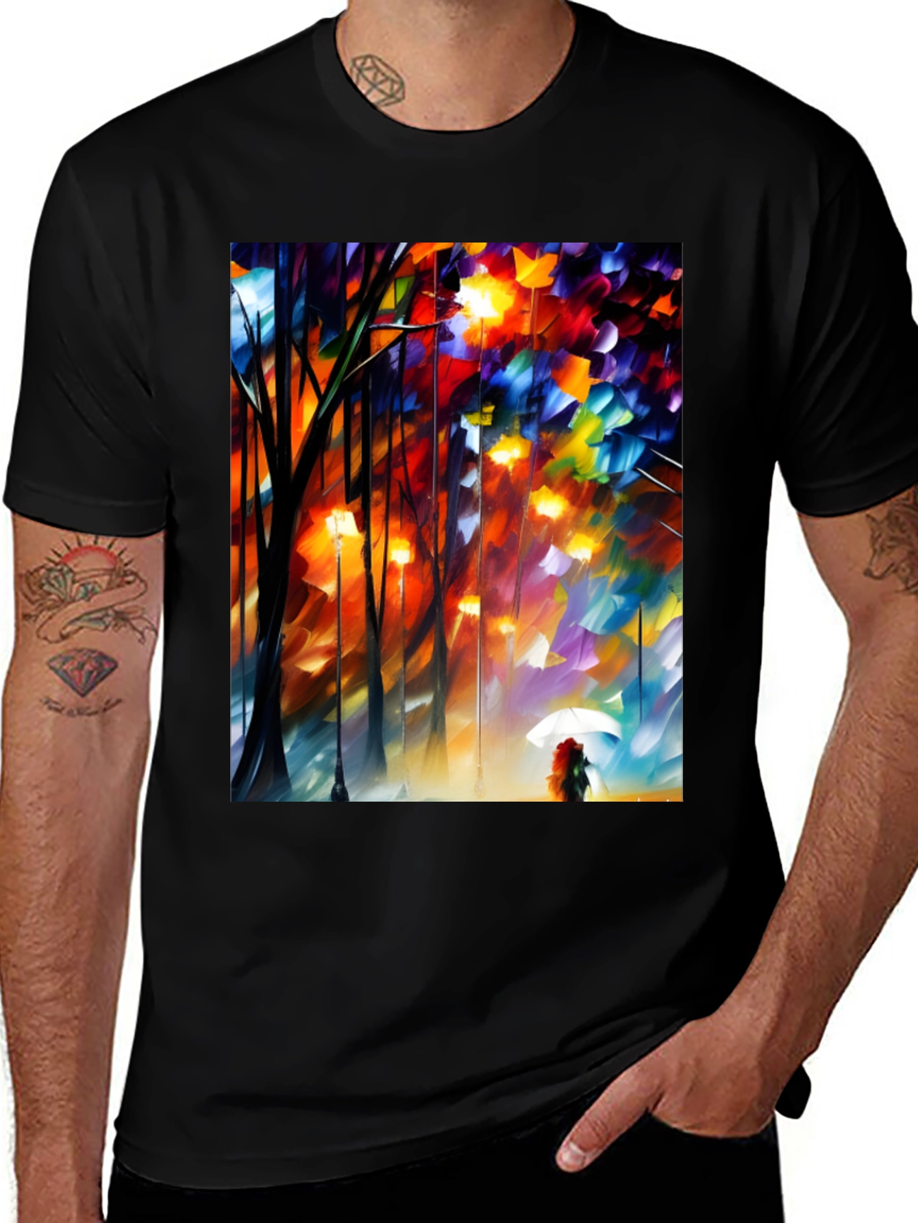 Artistic Autumn Rain T-Shirt - Expressive Palette Knife Design