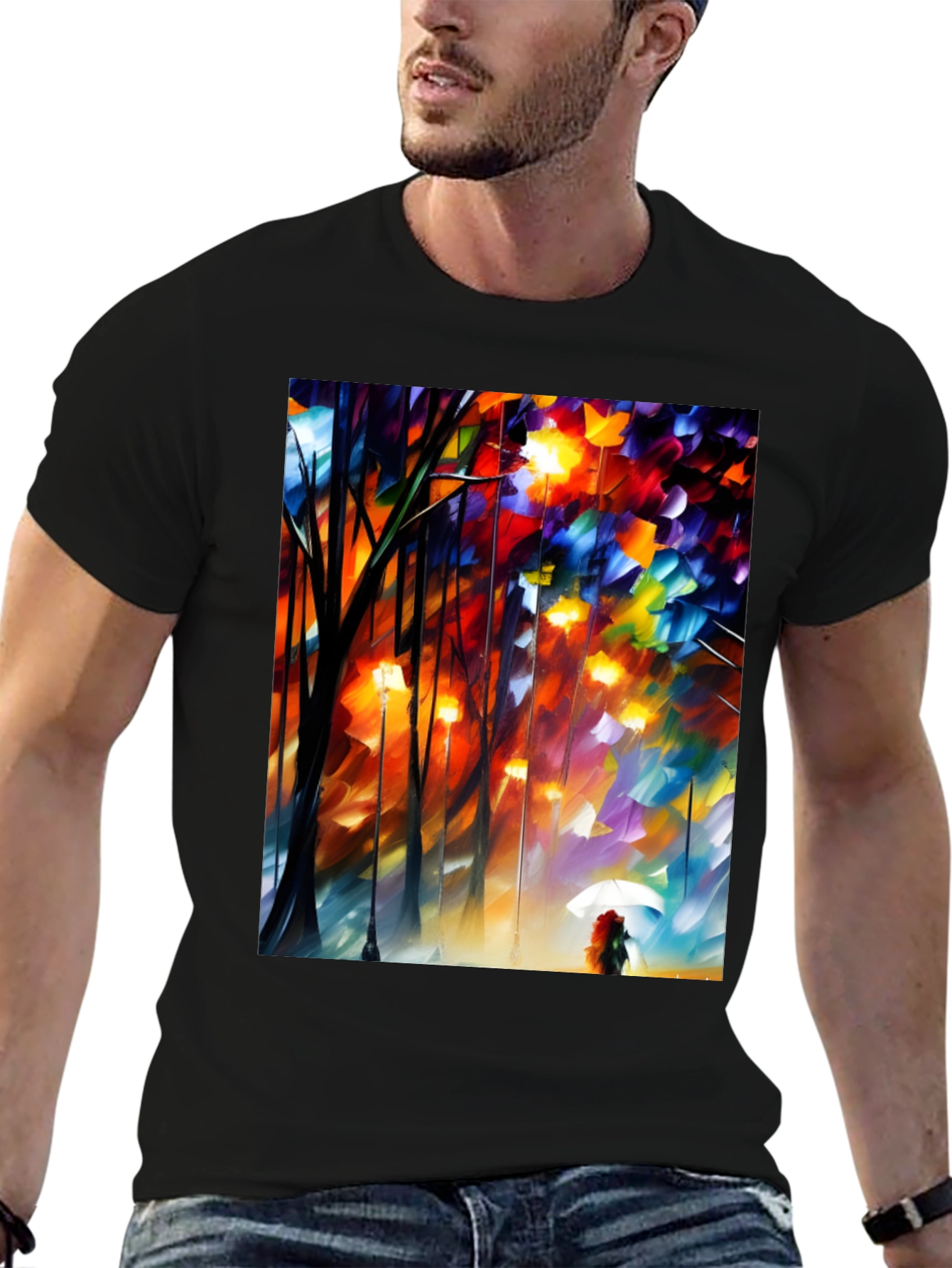 Artistic Autumn Rain T-Shirt - Expressive Palette Knife Design