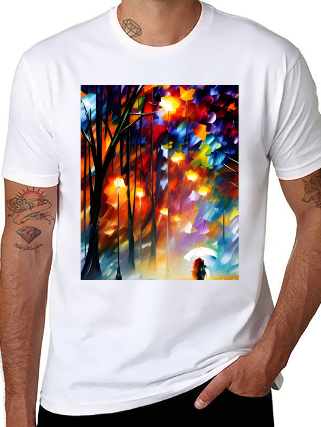 Artistic Autumn Rain T-Shirt - Expressive Palette Knife Design