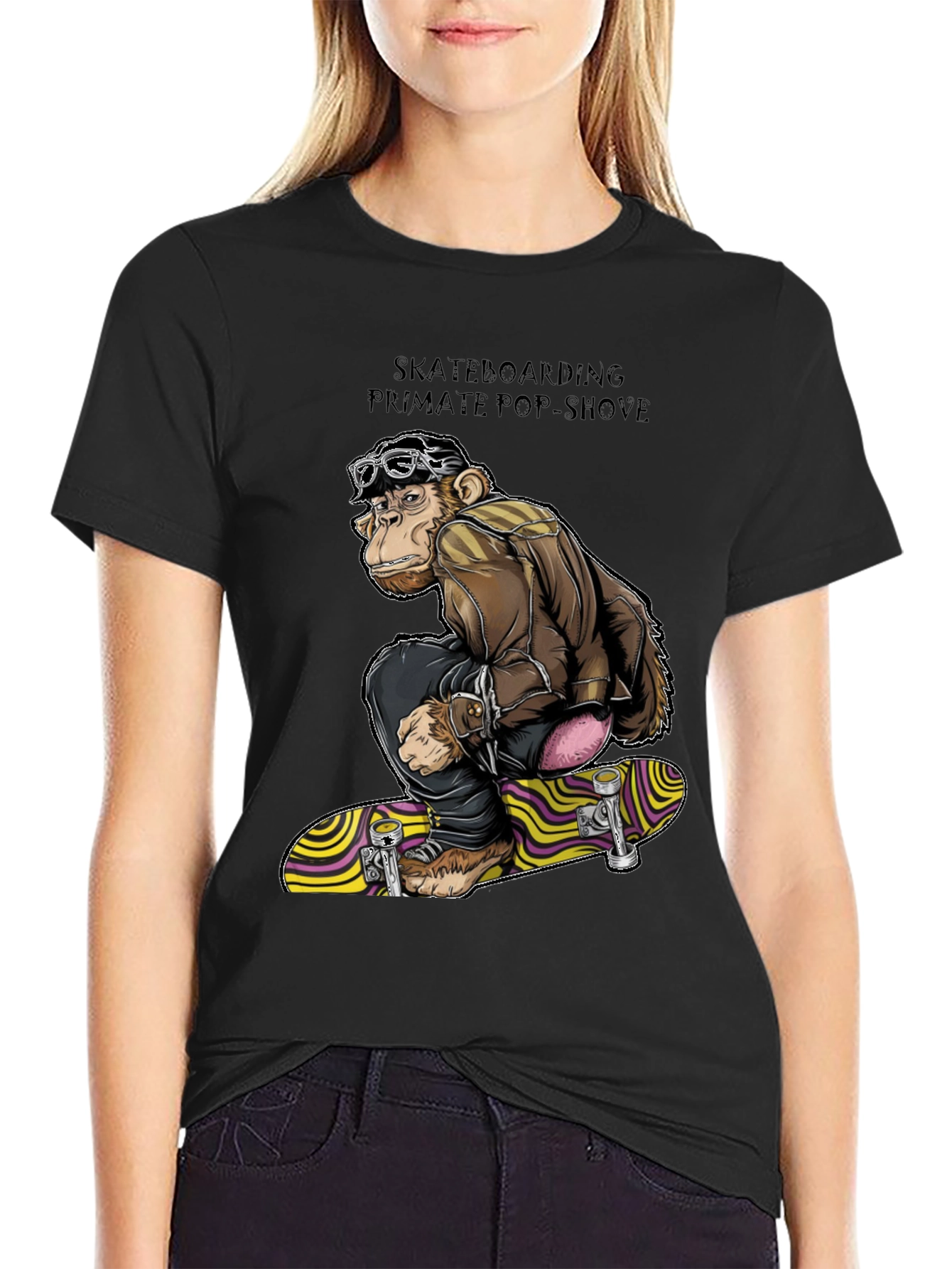 Skateboarding Monkey Graphic T-Shirt - Black