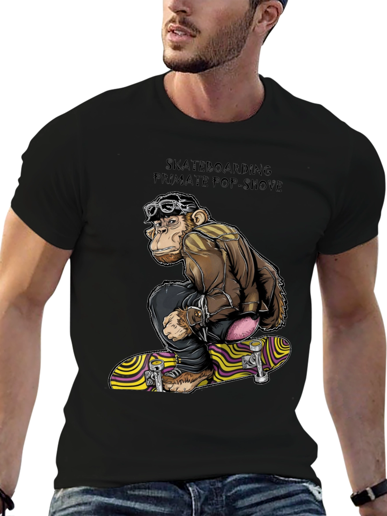 Skateboarding Monkey Graphic T-Shirt - Black