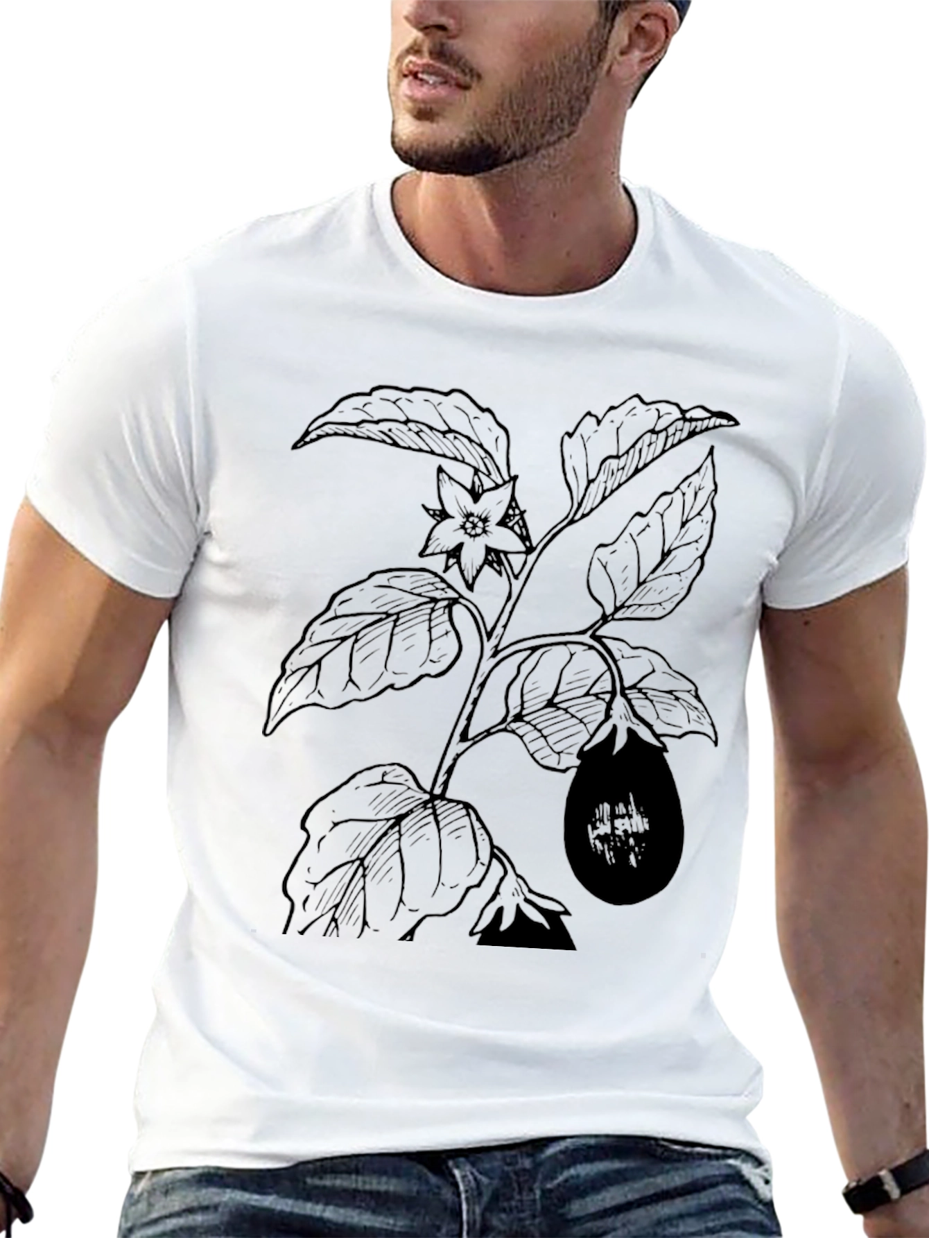 Botanical Eggplant Print Black T-Shirt