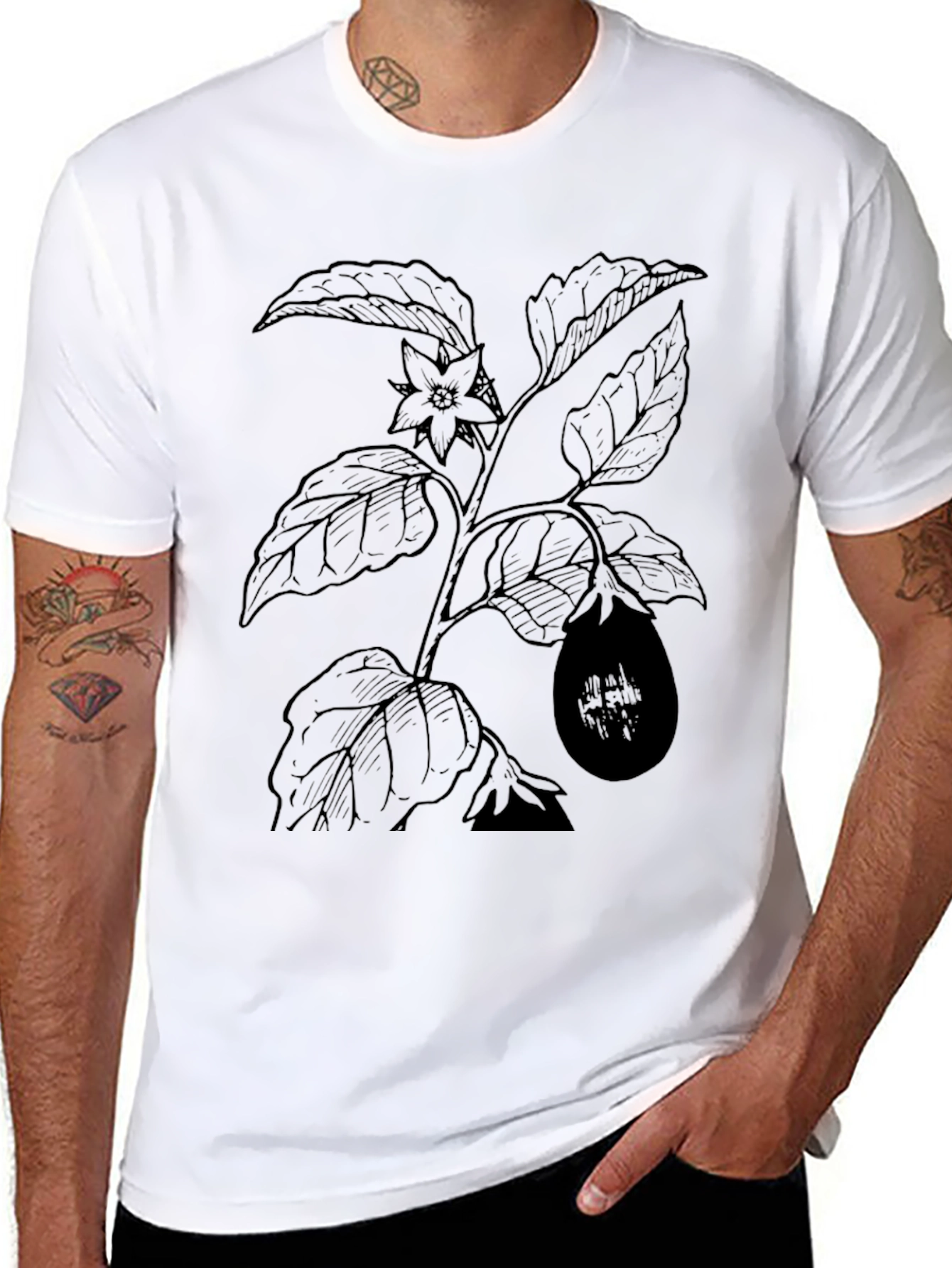 Botanical Eggplant Print Black T-Shirt