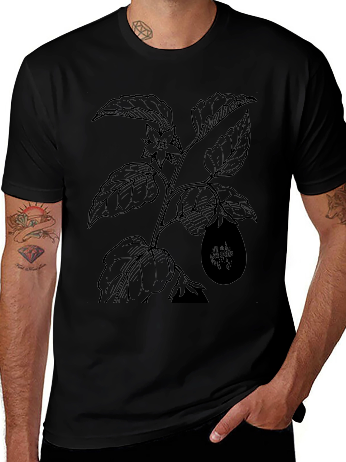 Botanical Eggplant Print Black T-Shirt