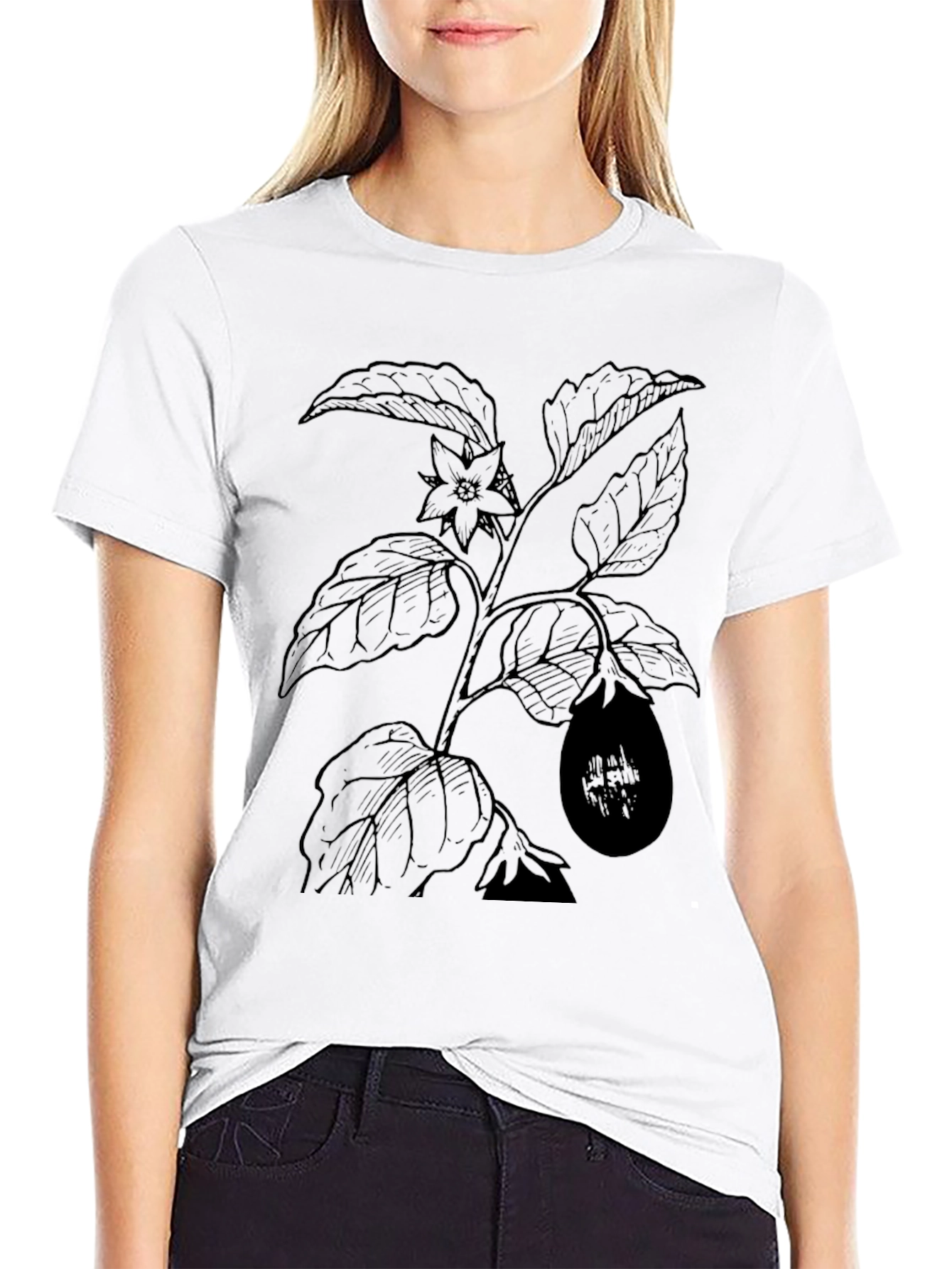 Botanical Eggplant Print Black T-Shirt