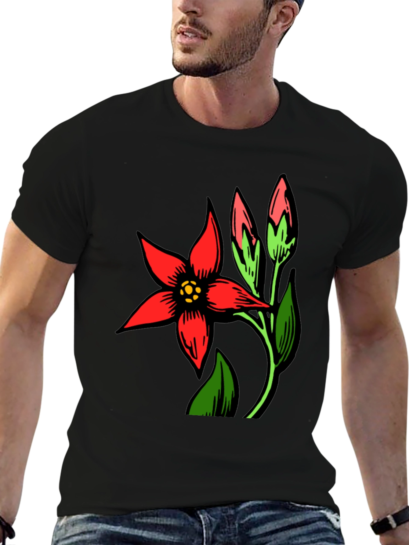 Black T-Shirt with Red Flower Design