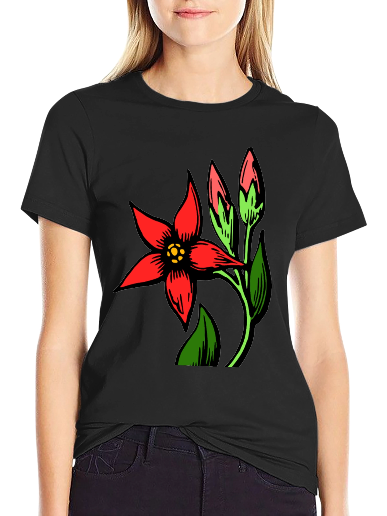 Black T-Shirt with Red Flower Design