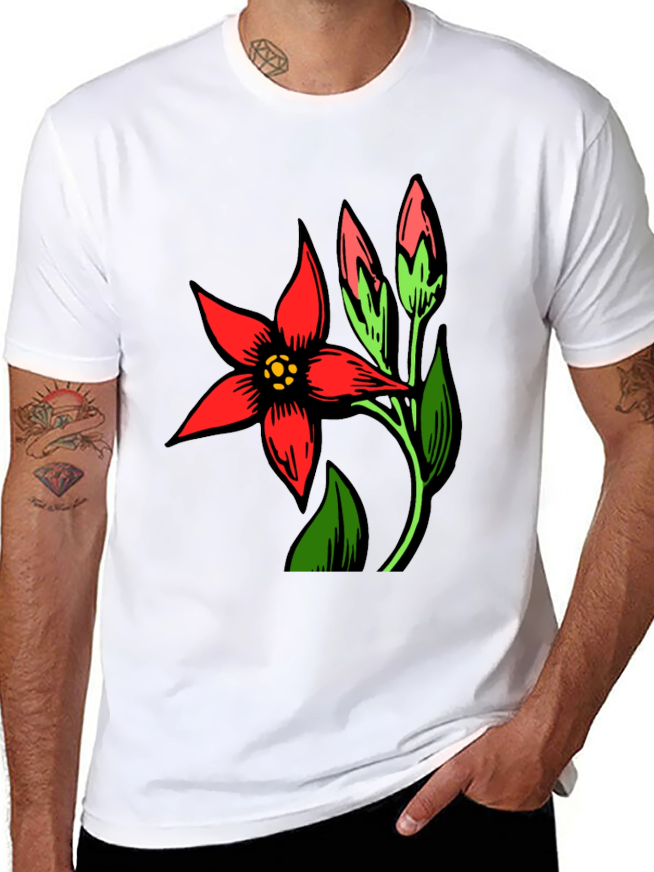 Black T-Shirt with Red Flower Design