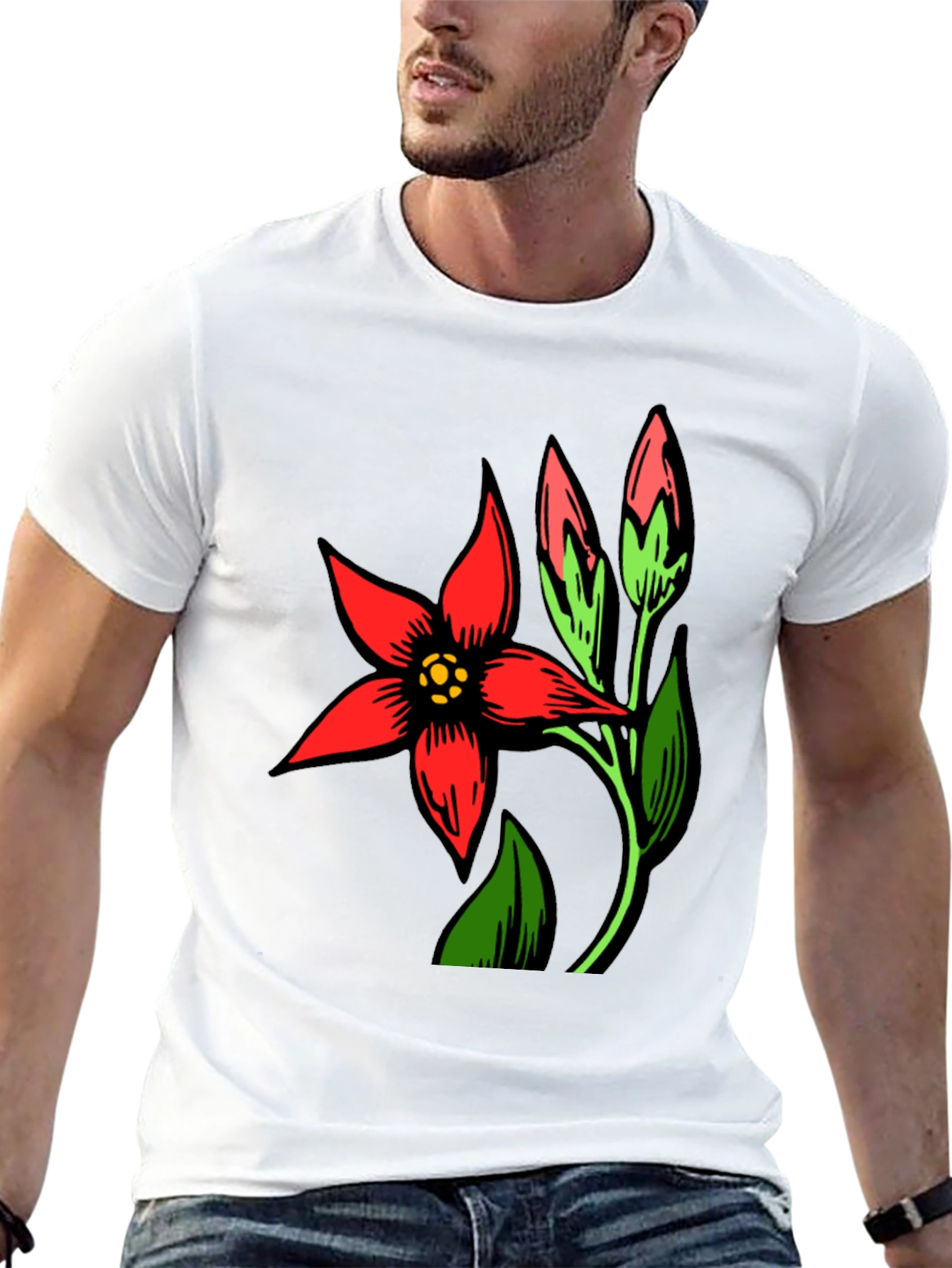 Black T-Shirt with Red Flower Design