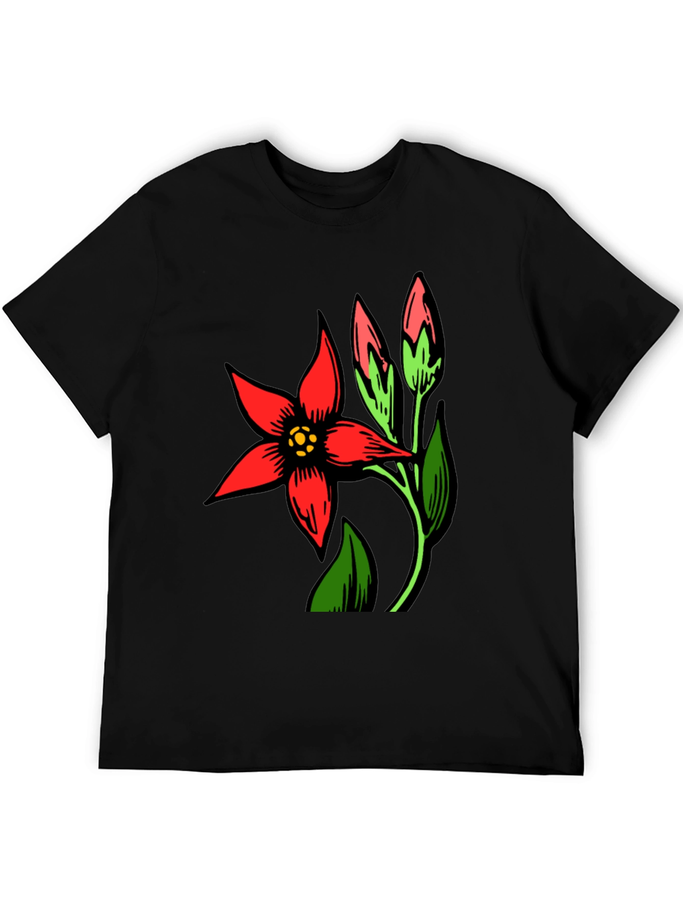 Black T-Shirt with Red Flower Design