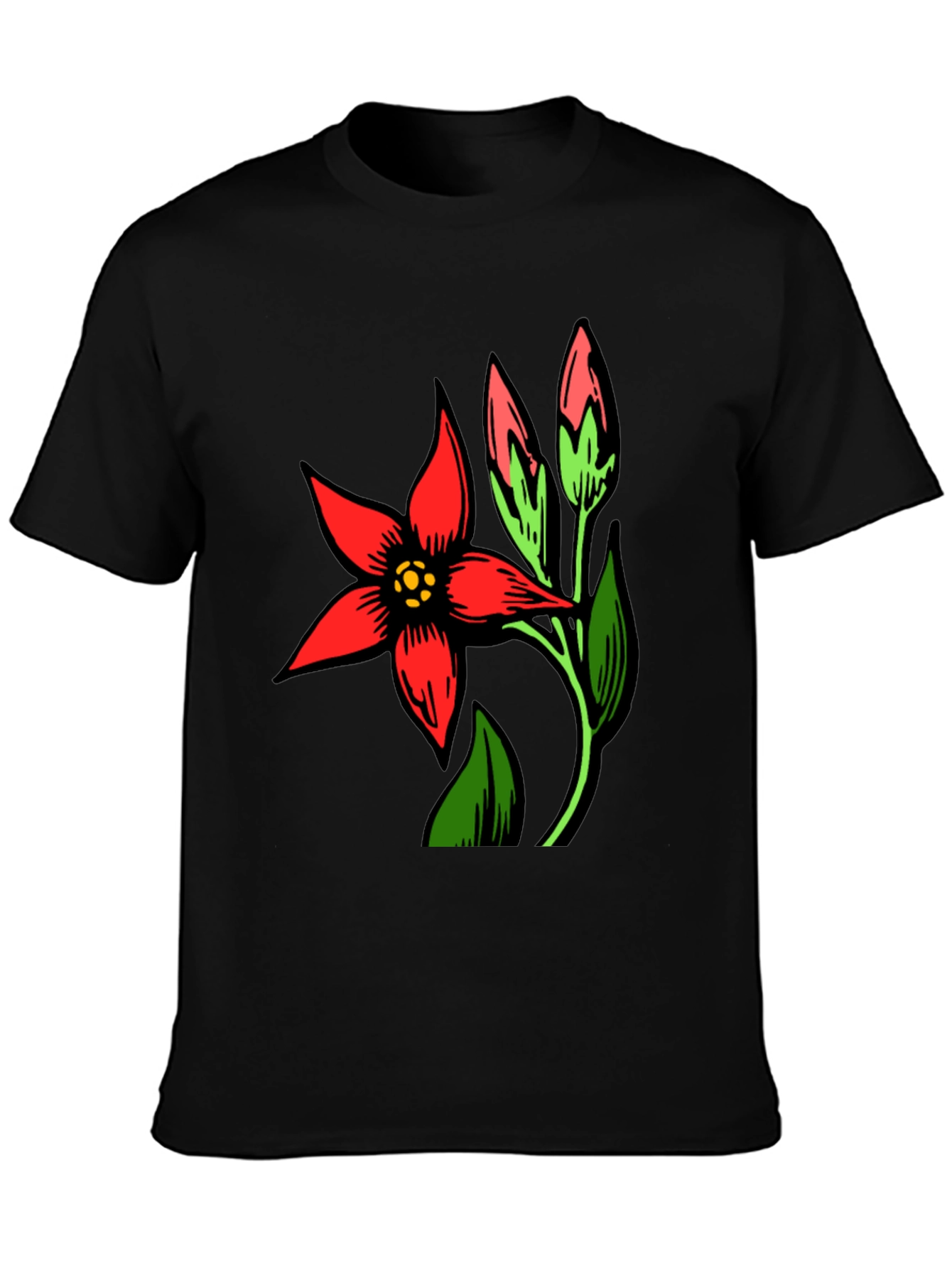 Black T-Shirt with Red Flower Design