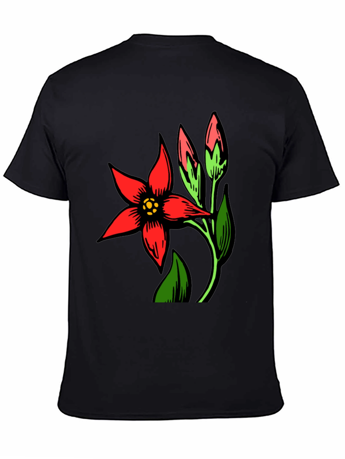Black T-Shirt with Red Flower Design