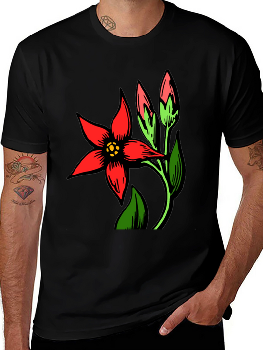 Black T-Shirt with Red Flower Design