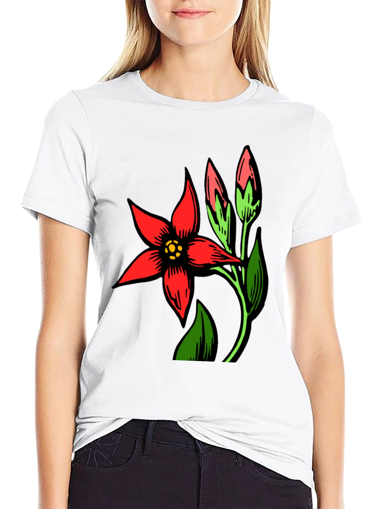 Black T-Shirt with Red Flower Design