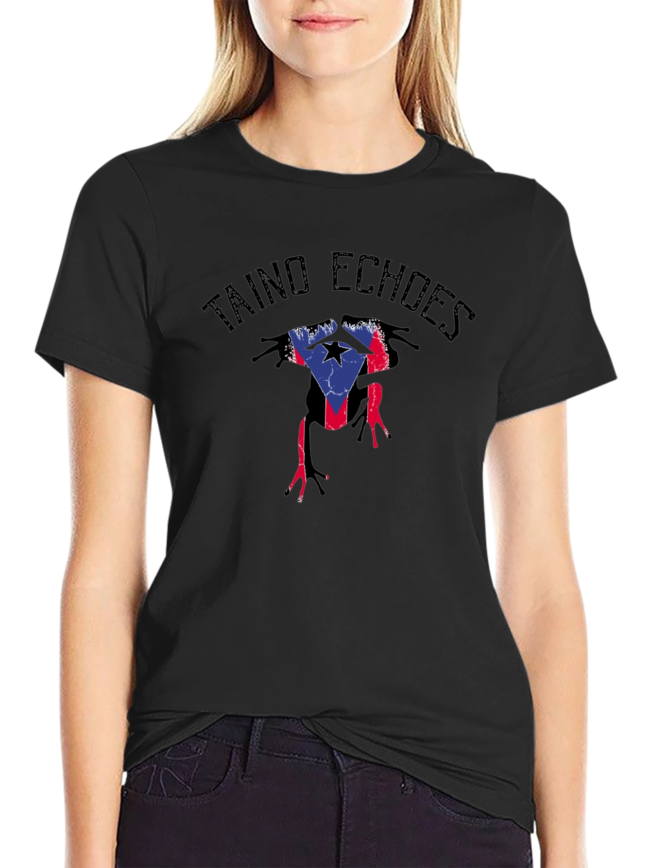 Taino Echoes Puerto Rico Flag Coqui Frog Black T-Shirt