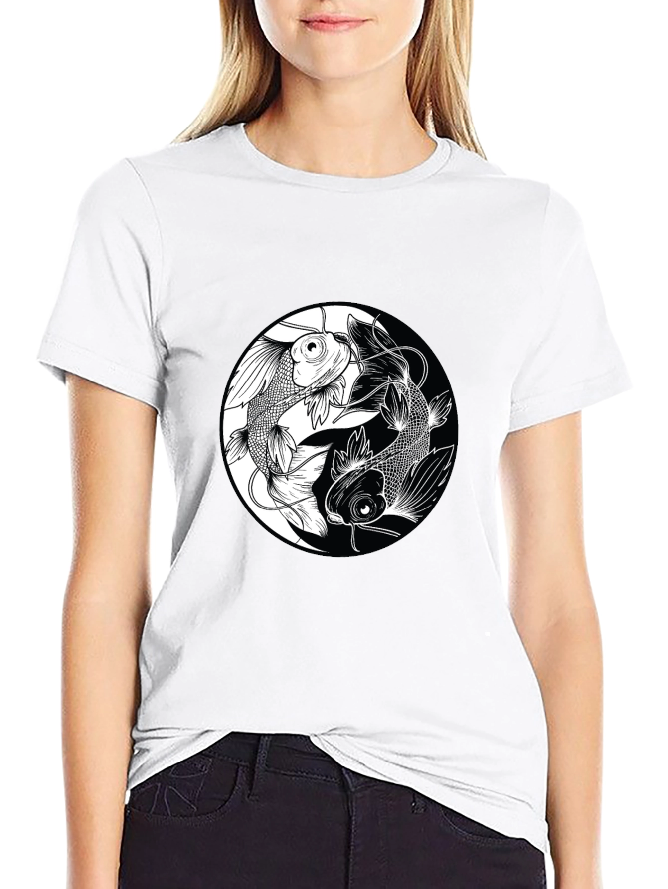 Yin Yang Koi Fish Graphic Black T-Shirt