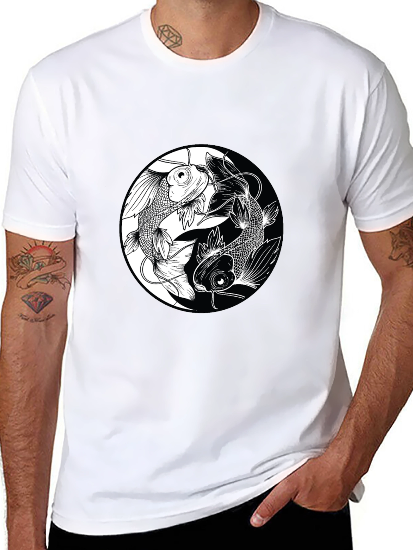 Yin Yang Koi Fish Graphic Black T-Shirt