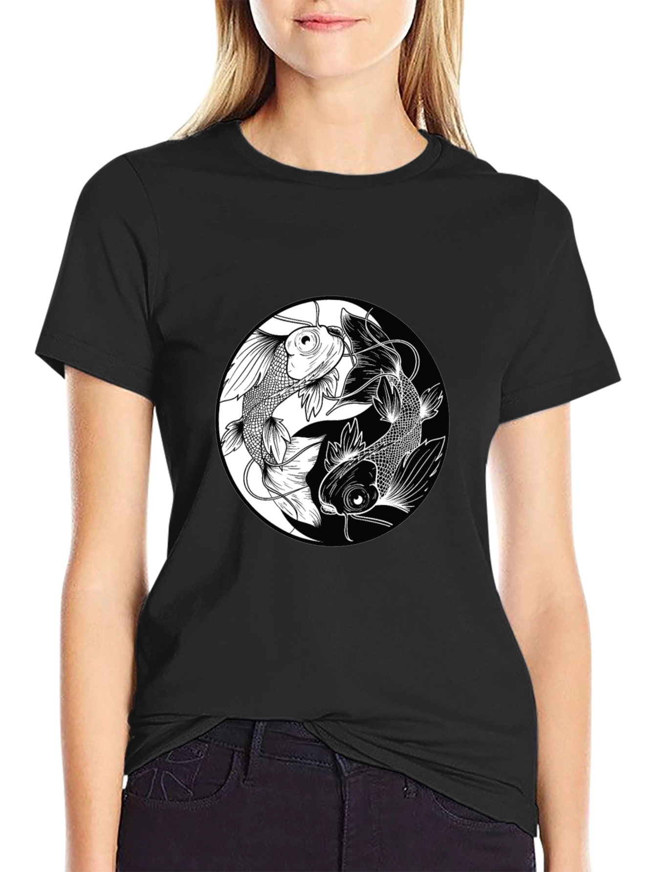 Yin Yang Koi Fish Graphic Black T-Shirt