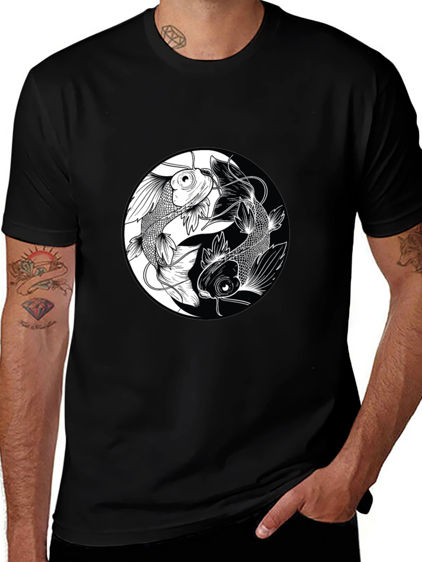 Yin Yang Koi Fish Graphic Black T-Shirt