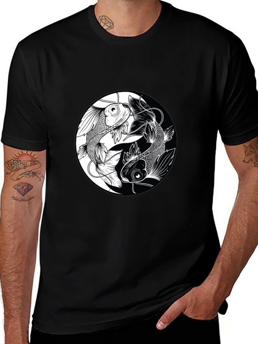 Yin Yang Koi Fish Graphic Black T-Shirt