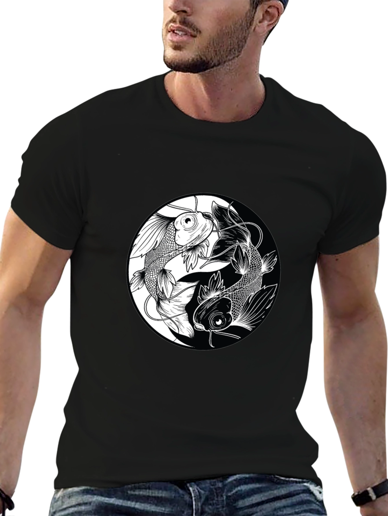 Yin Yang Koi Fish Graphic Black T-Shirt