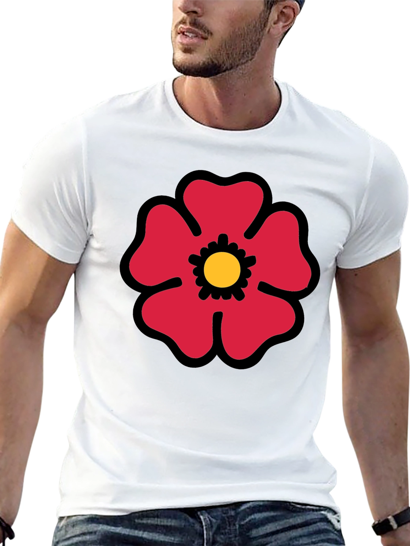 Red Flower Graphic Print Black T-Shirt