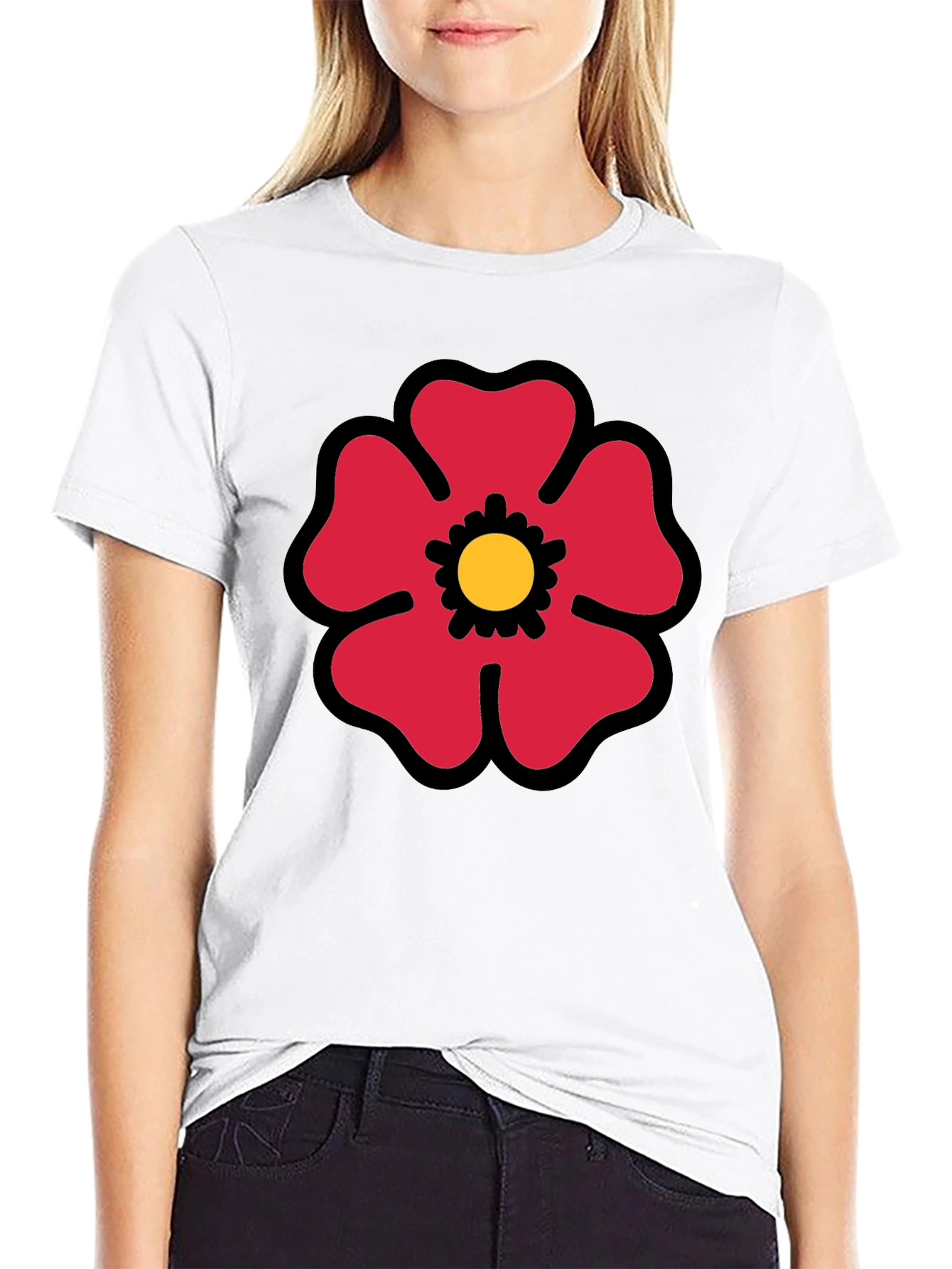 Red Flower Graphic Print Black T-Shirt