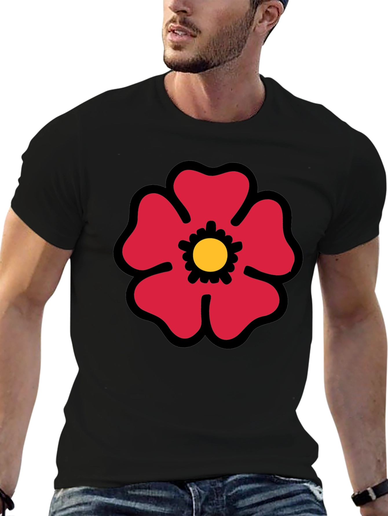 Red Flower Graphic Print Black T-Shirt