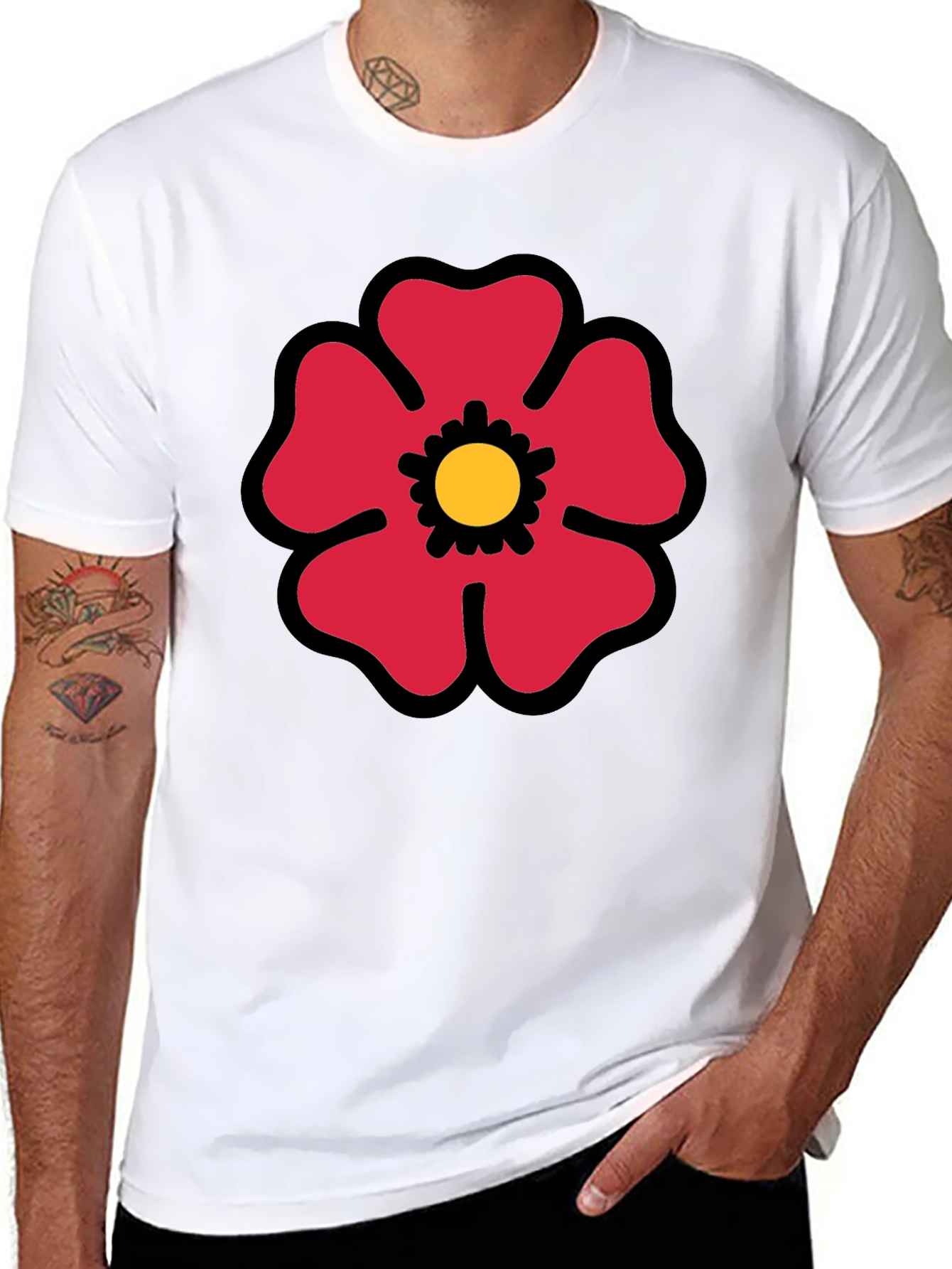 Red Flower Graphic Print Black T-Shirt
