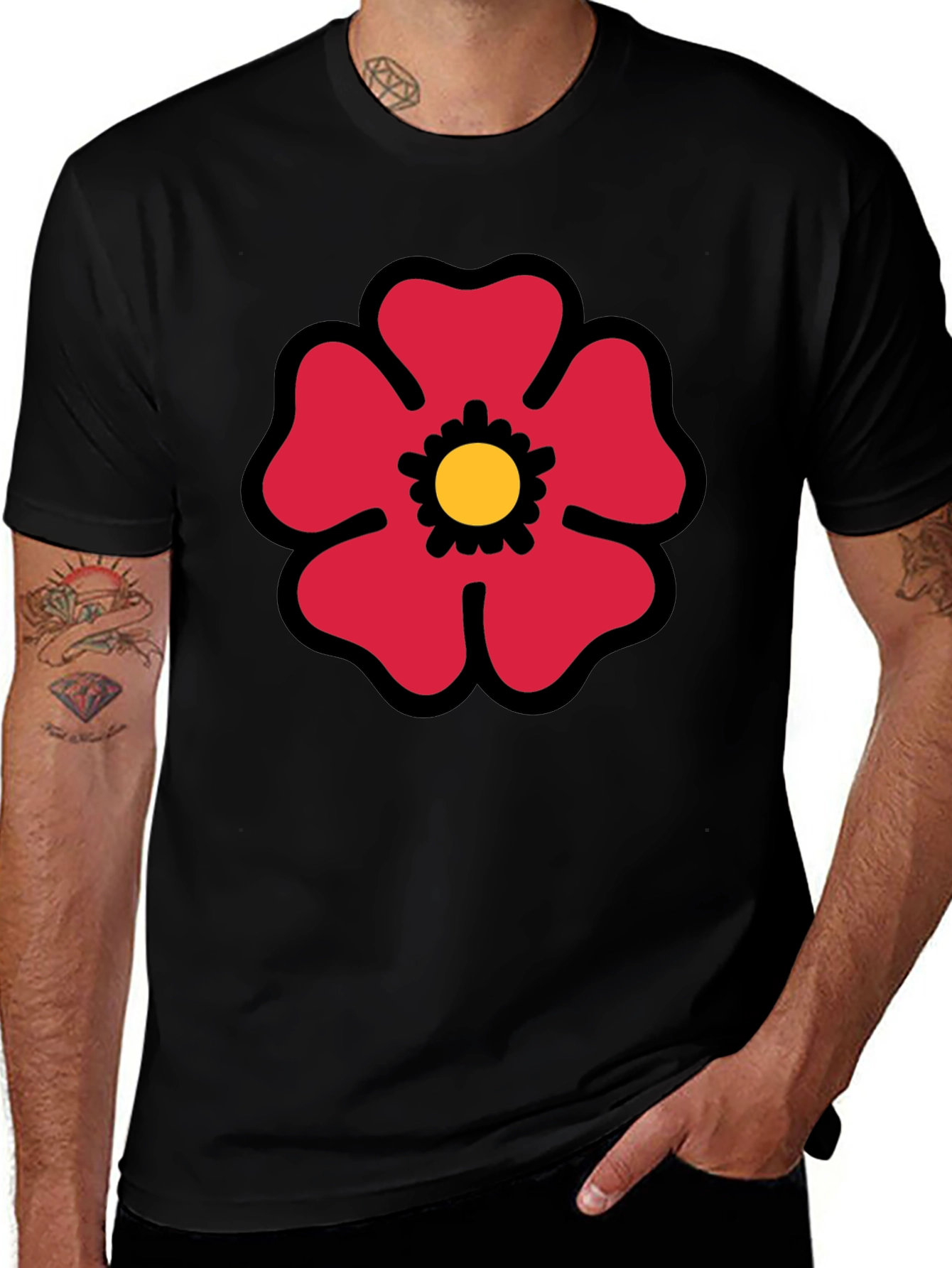 Red Flower Graphic Print Black T-Shirt