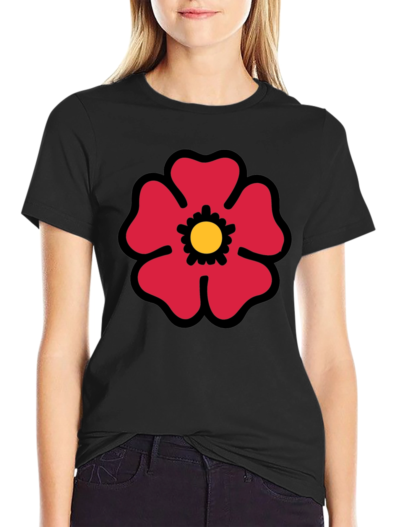 Red Flower Graphic Print Black T-Shirt
