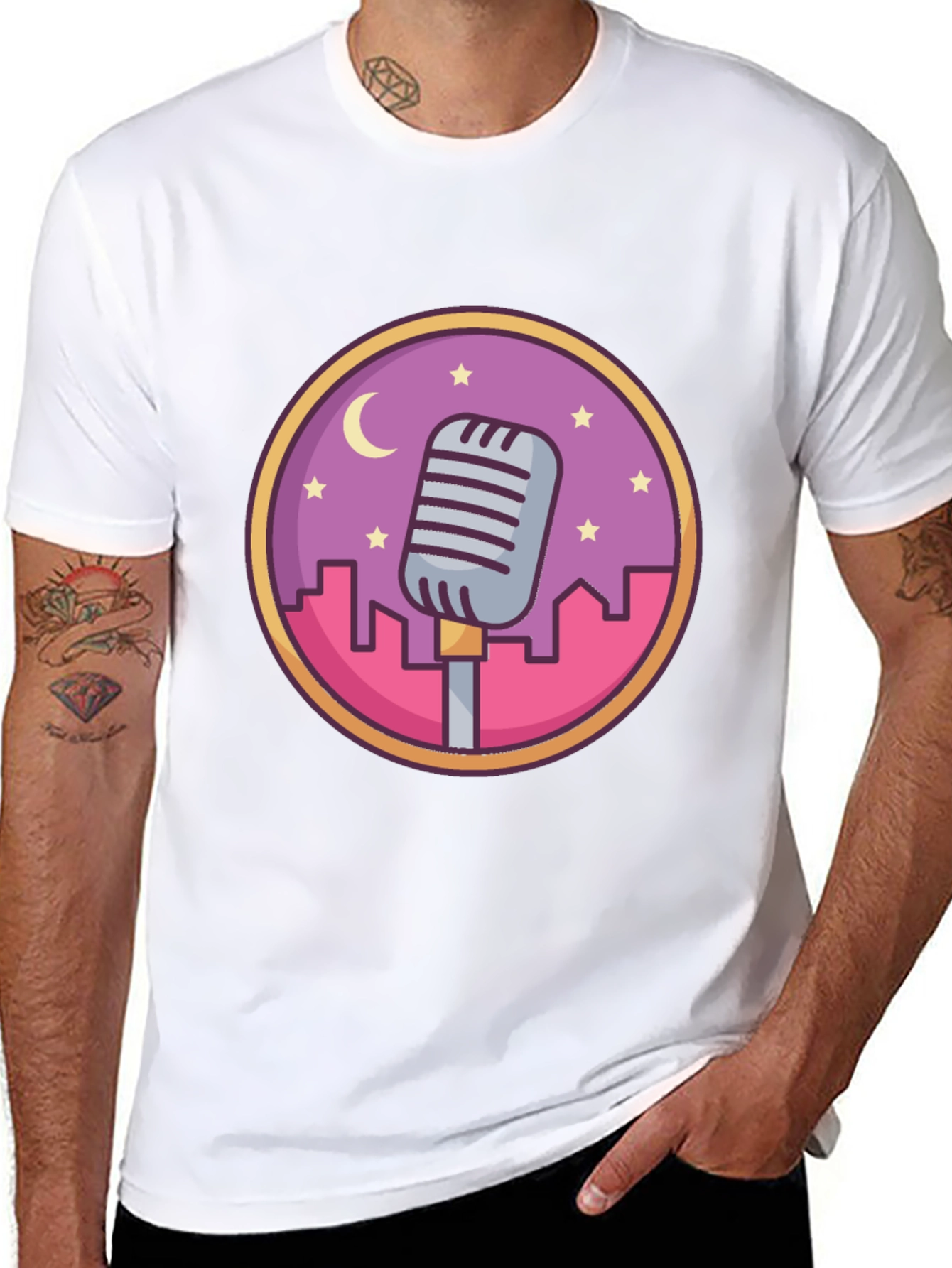 Retro Microphone Cityscape Graphic Tee