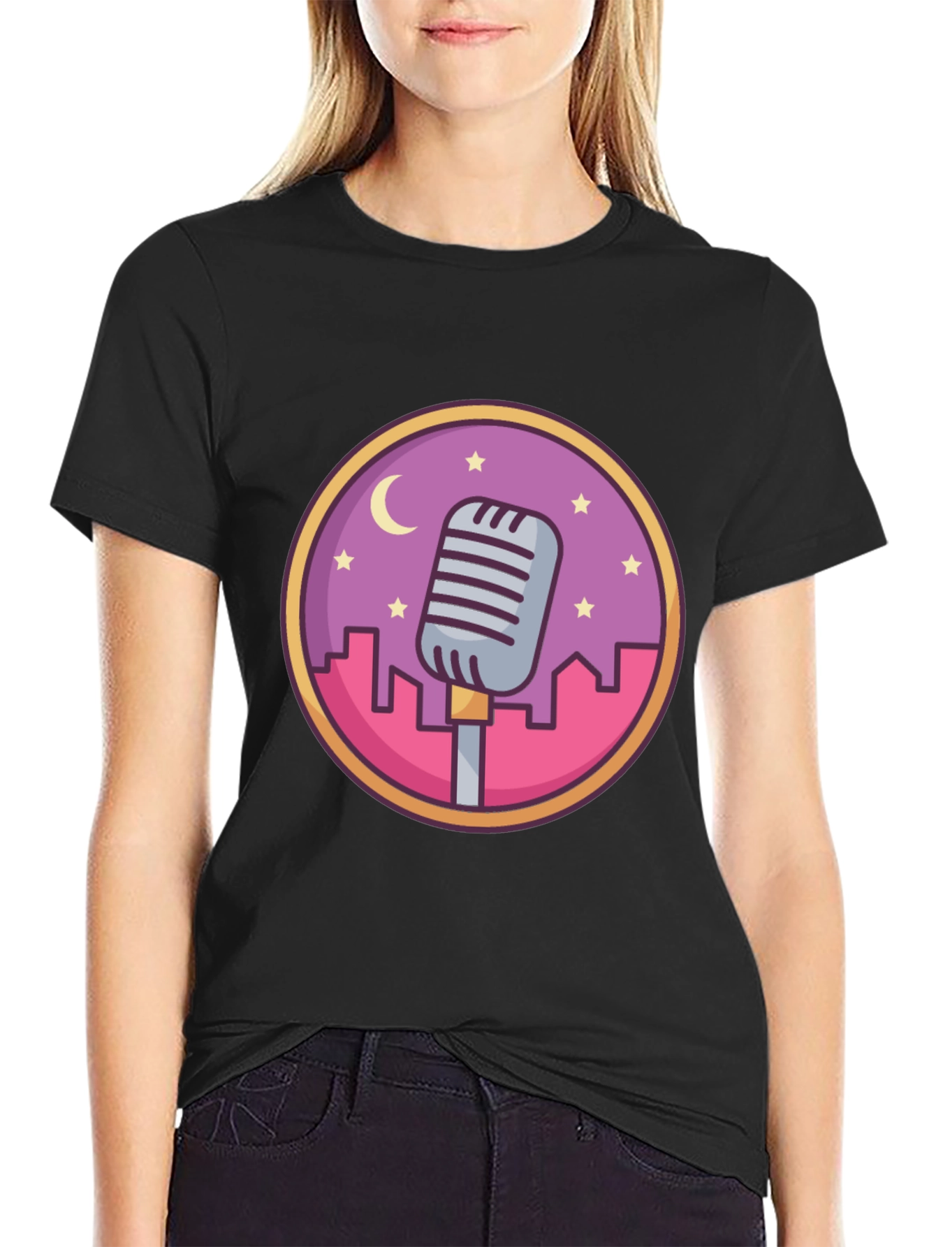 Retro Microphone Cityscape Graphic Tee